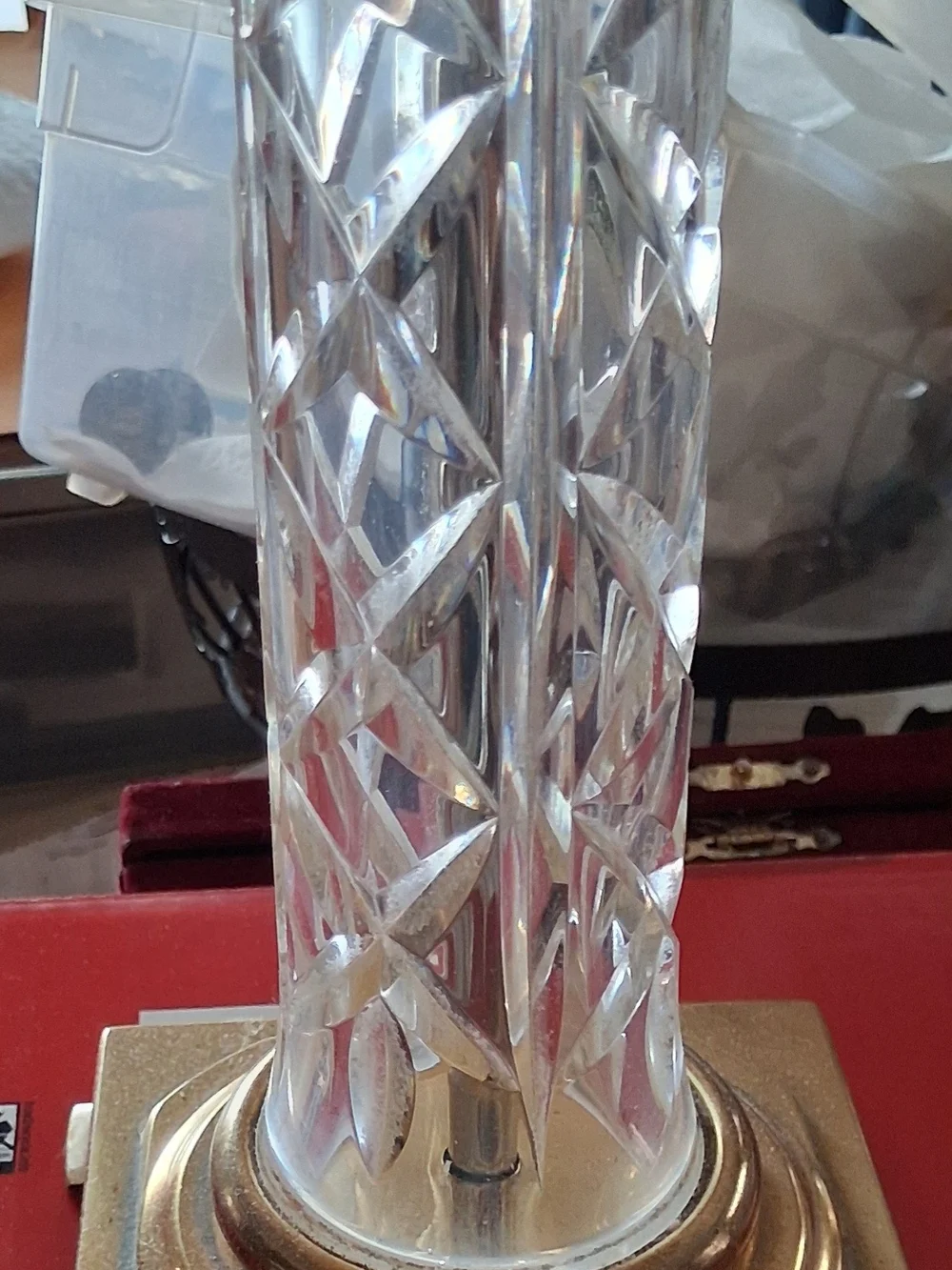 Clear Crystal Table Lamp with White Shade and Brass Base